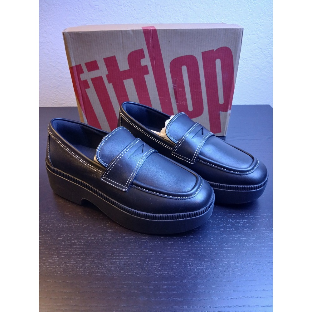 FitFlop F-Luma Black Leather Contrast Stitch Platform Loafers IM9-001 Mens 7.5